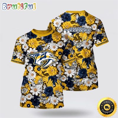 NHL Nashville Predators All Over Print T Shirt Tropical Begonia Flower Pattern Summer T Shirt
