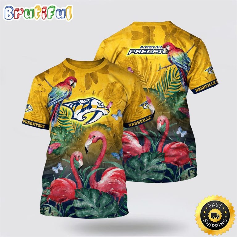 NHL Nashville Predators All Over Print T Shirt Tropical Parrot And Flamingo Motifs Summer T Shirt