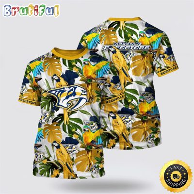 NHL Nashville Predators All Over Print T Shirt Tropical Parrot Pattern Summer T Shirt