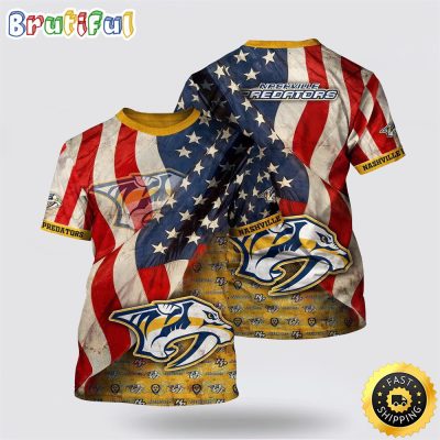 NHL Nashville Predators All Over Print T Shirt With American Flag Pattern Summer T Shirt