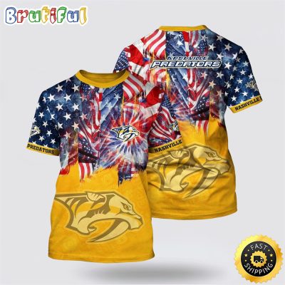 NHL Nashville Predators All Over Print T Shirt With American Independence Day Pattern Summer T Shirt