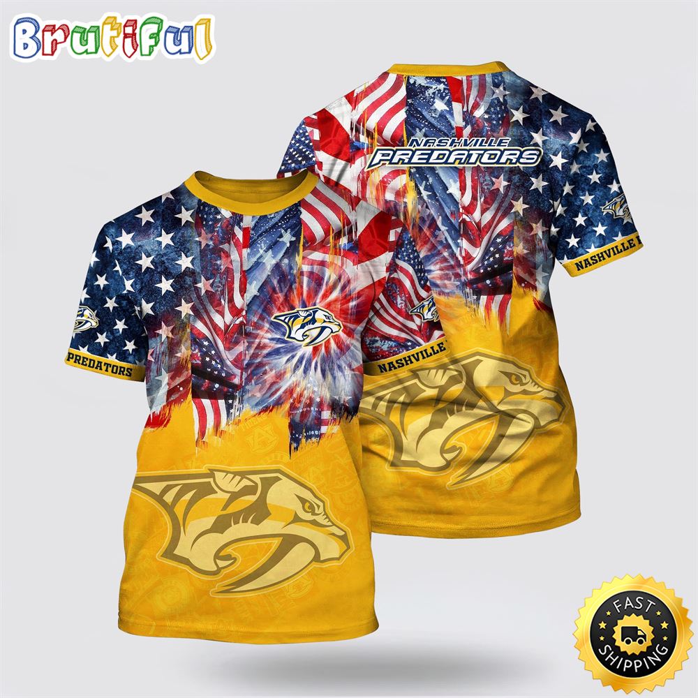 NHL Nashville Predators All Over Print T Shirt With American Independence Day Pattern Summer T Shirt NHL Nashville Predators All Over Print T Shirt With American Independence Day Pattern Summer T Shirt