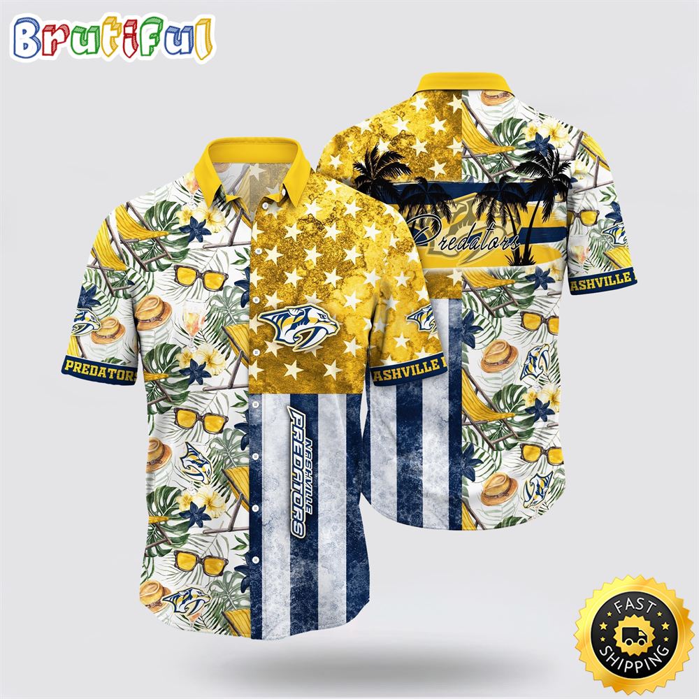 NHL Nashville Predators Hawaiian Shirt Tropical Hat And Glasses Pattern Summer Hawaiian Shirt NHL Nashville Predators Hawaiian Shirt Tropical Hat And Glasses Pattern Summer Hawaiian Shirt