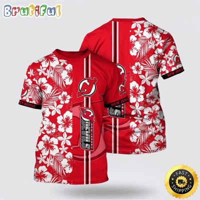 NHL New Jersey Devils All Over Print T Shirt Tropical Apricot Blossom Pattern Summer T Shirt