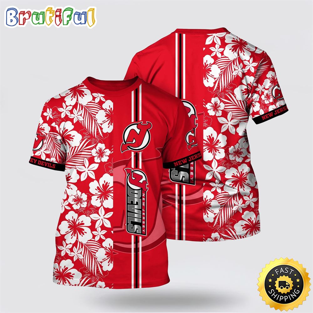 NHL New Jersey Devils All Over Print T Shirt Tropical Apricot Blossom Pattern Summer T Shirt NHL New Jersey Devils All Over Print T Shirt Tropical Apricot Blossom Pattern Summer T Shirt