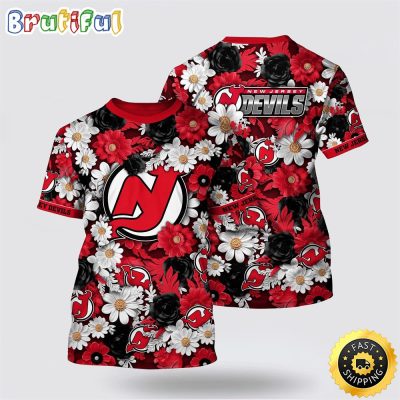 NHL New Jersey Devils All Over Print T Shirt Tropical Begonia Flower Pattern Summer T Shirt