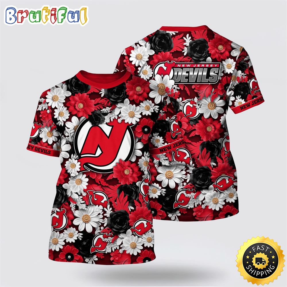 NHL New Jersey Devils All Over Print T Shirt Tropical Begonia Flower Pattern Summer T Shirt NHL New Jersey Devils All Over Print T Shirt Tropical Begonia Flower Pattern Summer T Shirt
