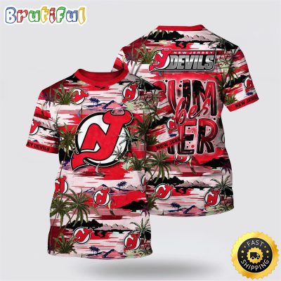 NHL New Jersey Devils All Over Print T Shirt Tropical Desert Island Motif Summer T Shirt