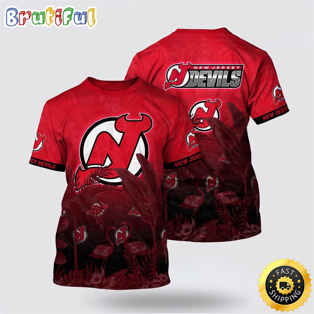 NHL New Jersey Devils All Over Print T Shirt Tropical Flamingo Pattern Summer T Shirt NHL New Jersey Devils All Over Print T Shirt Tropical Flamingo Pattern Summer T Shirt