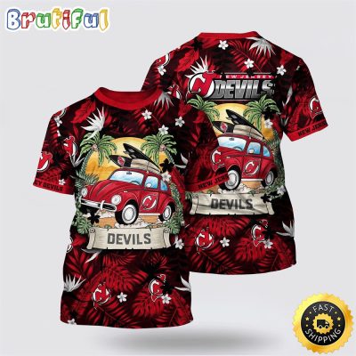 NHL New Jersey Devils All Over Print T Shirt Tropical Forest Motif Car Traveling Summer T Shirt