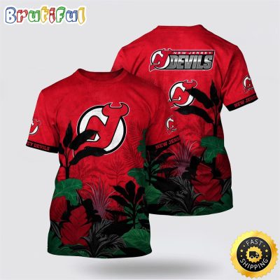 NHL New Jersey Devils All Over Print T Shirt Tropical Forest Motifs Summer T Shirt