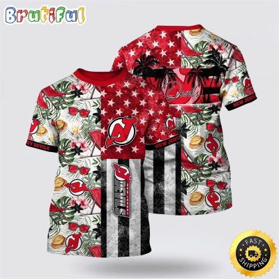 NHL New Jersey Devils All Over Print T Shirt Tropical Hat And Glasses Pattern Summer T Shirt