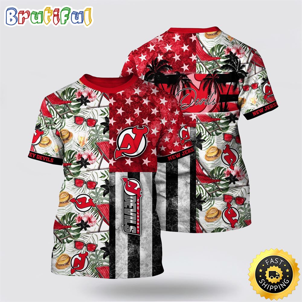 NHL New Jersey Devils All Over Print T Shirt Tropical Hat And Glasses Pattern Summer T Shirt NHL New Jersey Devils All Over Print T Shirt Tropical Hat And Glasses Pattern Summer T Shirt