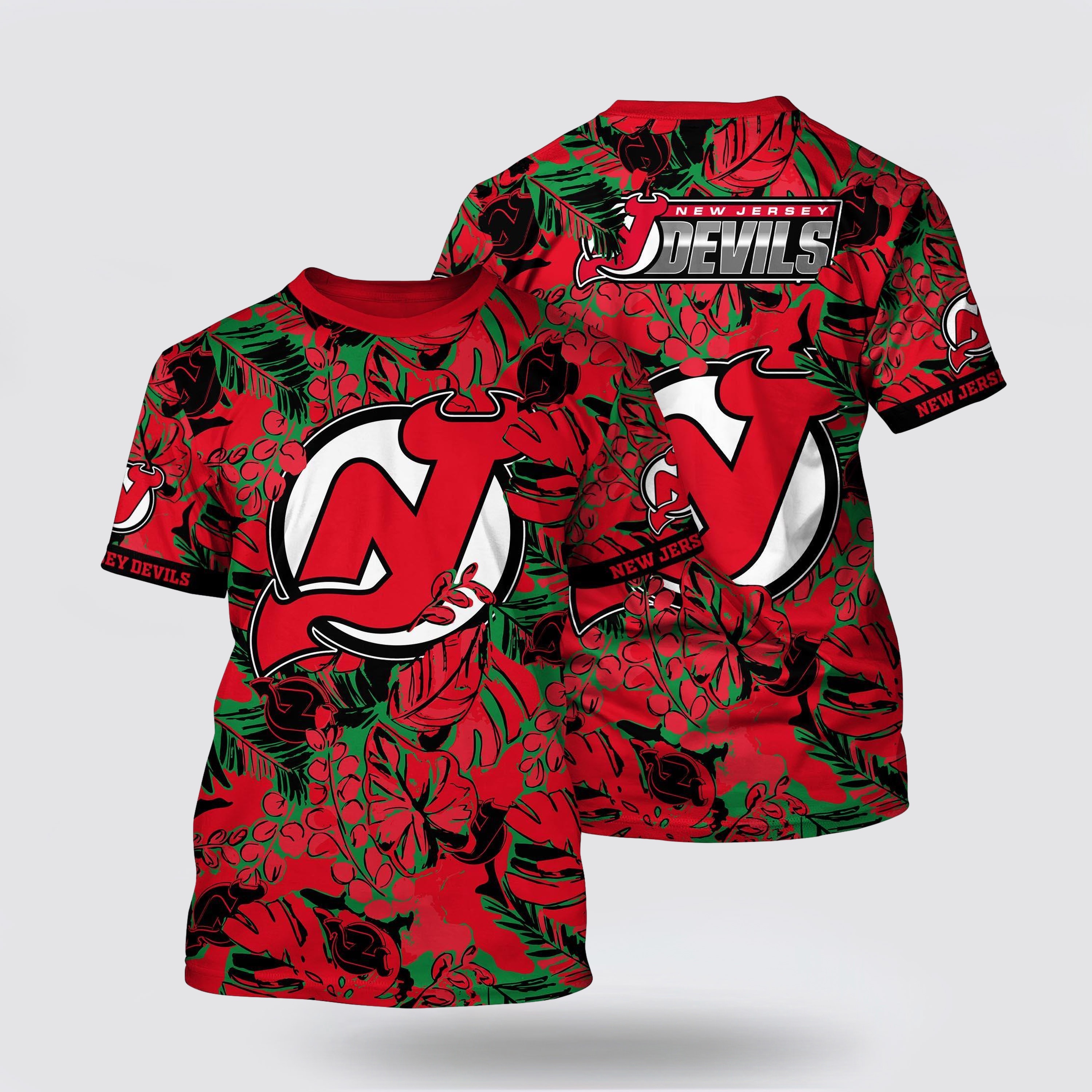 NHL New Jersey Devils All Over Print T Shirt Tropical Leaf Pattern Summer T Shirt NHL New Jersey Devils All Over Print T Shirt Tropical Leaf Pattern Summer T Shirt