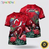 NHL New Jersey Devils All Over Print T Shirt Tropical Parrot And Flamingo Motifs Summer T Shirt