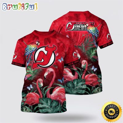 NHL New Jersey Devils All Over Print T Shirt Tropical Parrot And Flamingo Motifs Summer T Shirt