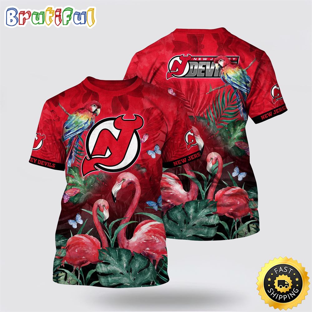 NHL New Jersey Devils All Over Print T Shirt Tropical Parrot And Flamingo Motifs Summer T Shirt NHL New Jersey Devils All Over Print T Shirt Tropical Parrot And Flamingo Motifs Summer T Shirt