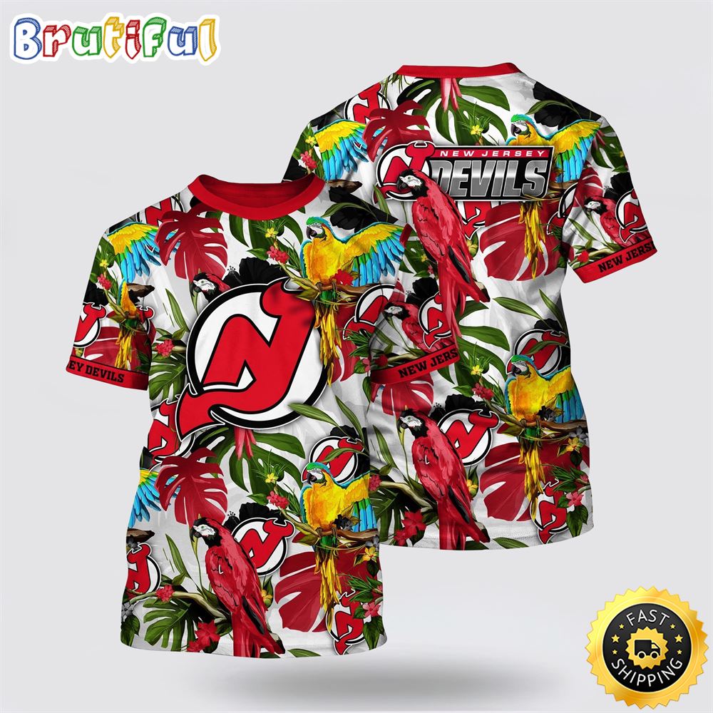 NHL New Jersey Devils All Over Print T Shirt Tropical Parrot Pattern Summer T Shirt NHL New Jersey Devils All Over Print T Shirt Tropical Parrot Pattern Summer T Shirt