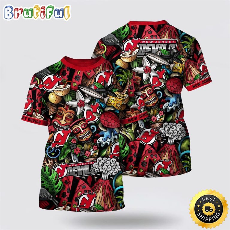 NHL New Jersey Devils All Over Print T Shirt Tropical Tiki Pattern Summer T Shirt