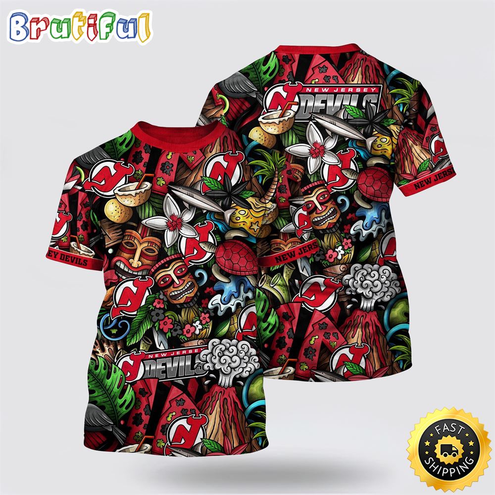 NHL New Jersey Devils All Over Print T Shirt Tropical Tiki Pattern Summer T Shirt NHL New Jersey Devils All Over Print T Shirt Tropical Tiki Pattern Summer T Shirt