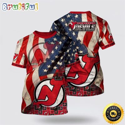 NHL New Jersey Devils All Over Print T Shirt With American Flag Pattern Summer T Shirt