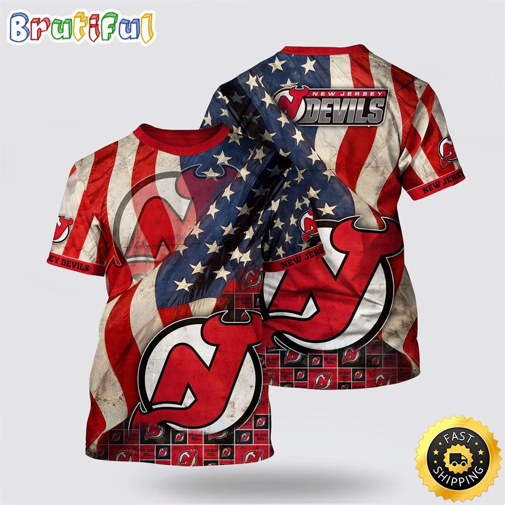 NHL New Jersey Devils All Over Print T Shirt With American Flag Pattern Summer T Shirt NHL New Jersey Devils All Over Print T Shirt With American Flag Pattern Summer T Shirt