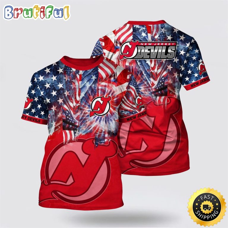NHL New Jersey Devils All Over Print T Shirt With American Independence Day Pattern Summer T Shirt