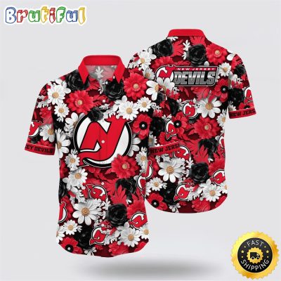 NHL New Jersey Devils Hawaiian Shirt Tropical Begonia Flower Pattern Summer Hawaiian Shirt
