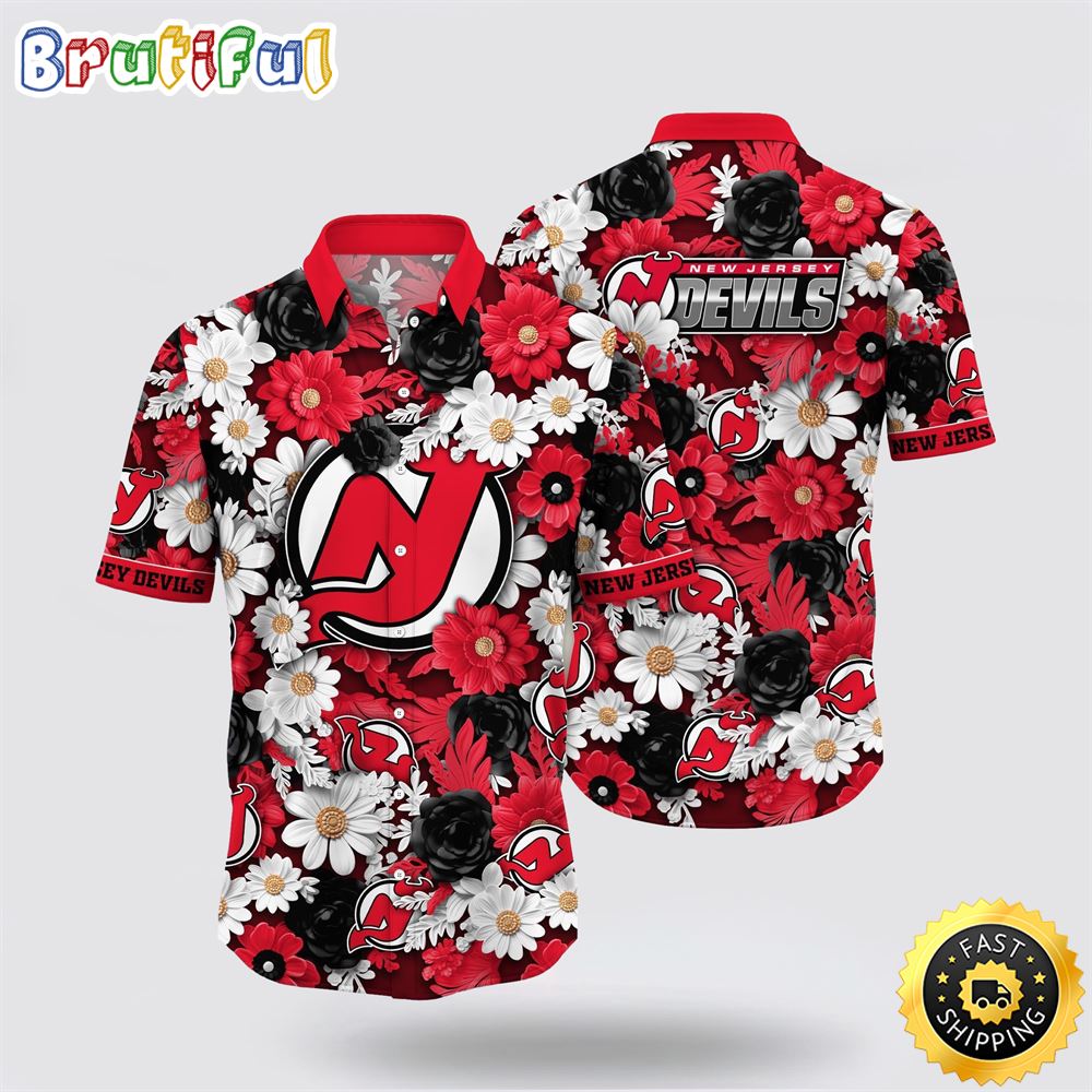 NHL New Jersey Devils Hawaiian Shirt Tropical Begonia Flower Pattern Summer Hawaiian Shirt