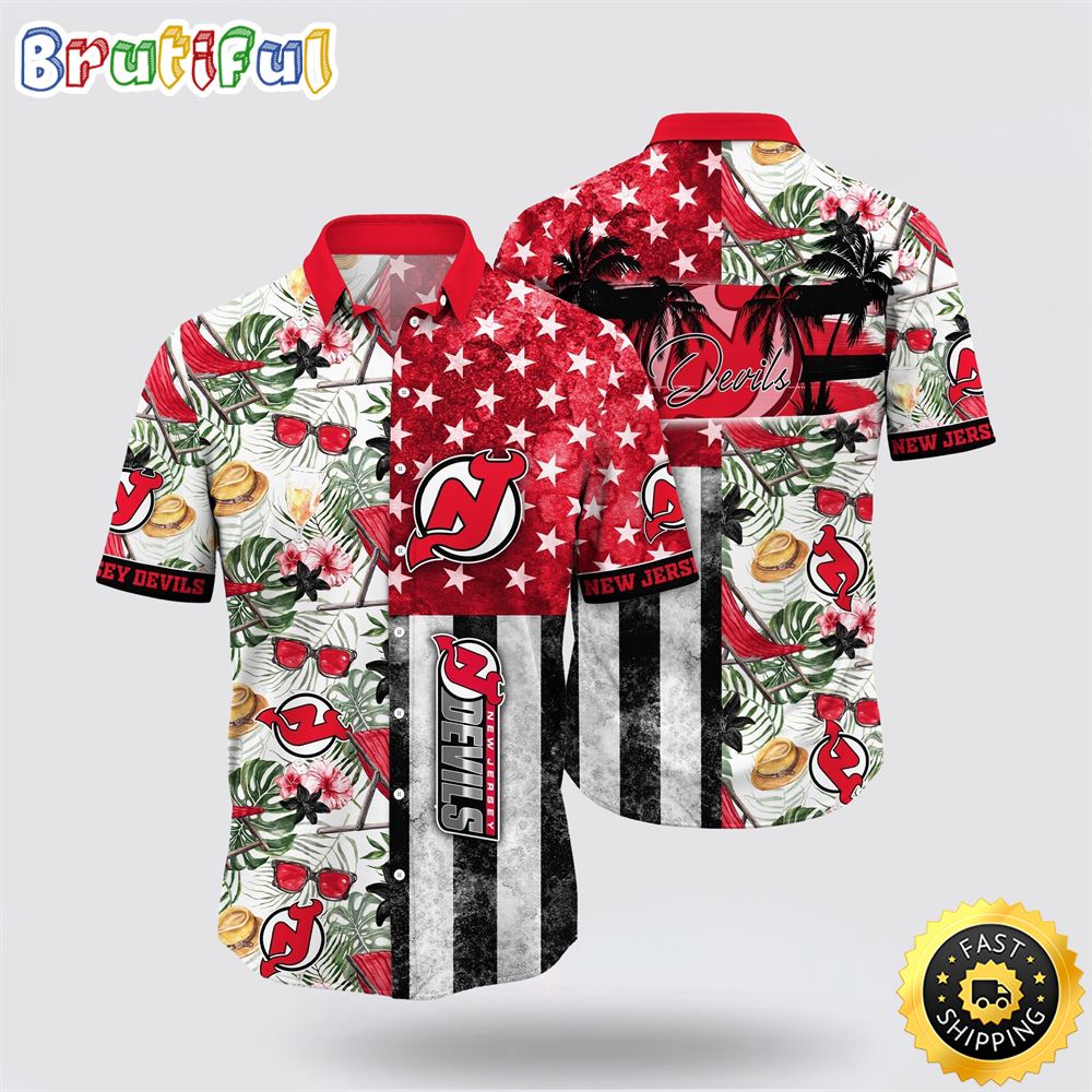 NHL New Jersey Devils Hawaiian Shirt Tropical Hat And Glasses Pattern Summer Hawaiian Shirt