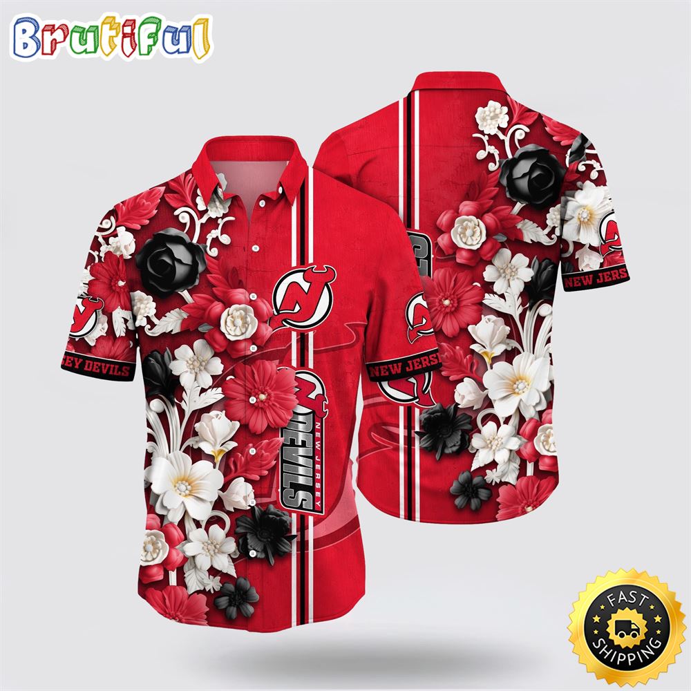 NHL New Jersey Devils Hawaiian Shirt Tropical Hepatica Floral Pattern Summer Hawaiian Shirt