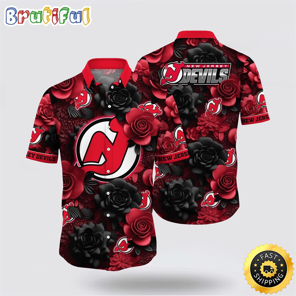 NHL New Jersey Devils Hawaiian Shirt Tropical Rose Pattern Summer Hawaiian Shirt