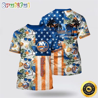 NHL New York Islanders All Over Print T Shirt Tropical Hat And Glasses Pattern Summer T Shirt