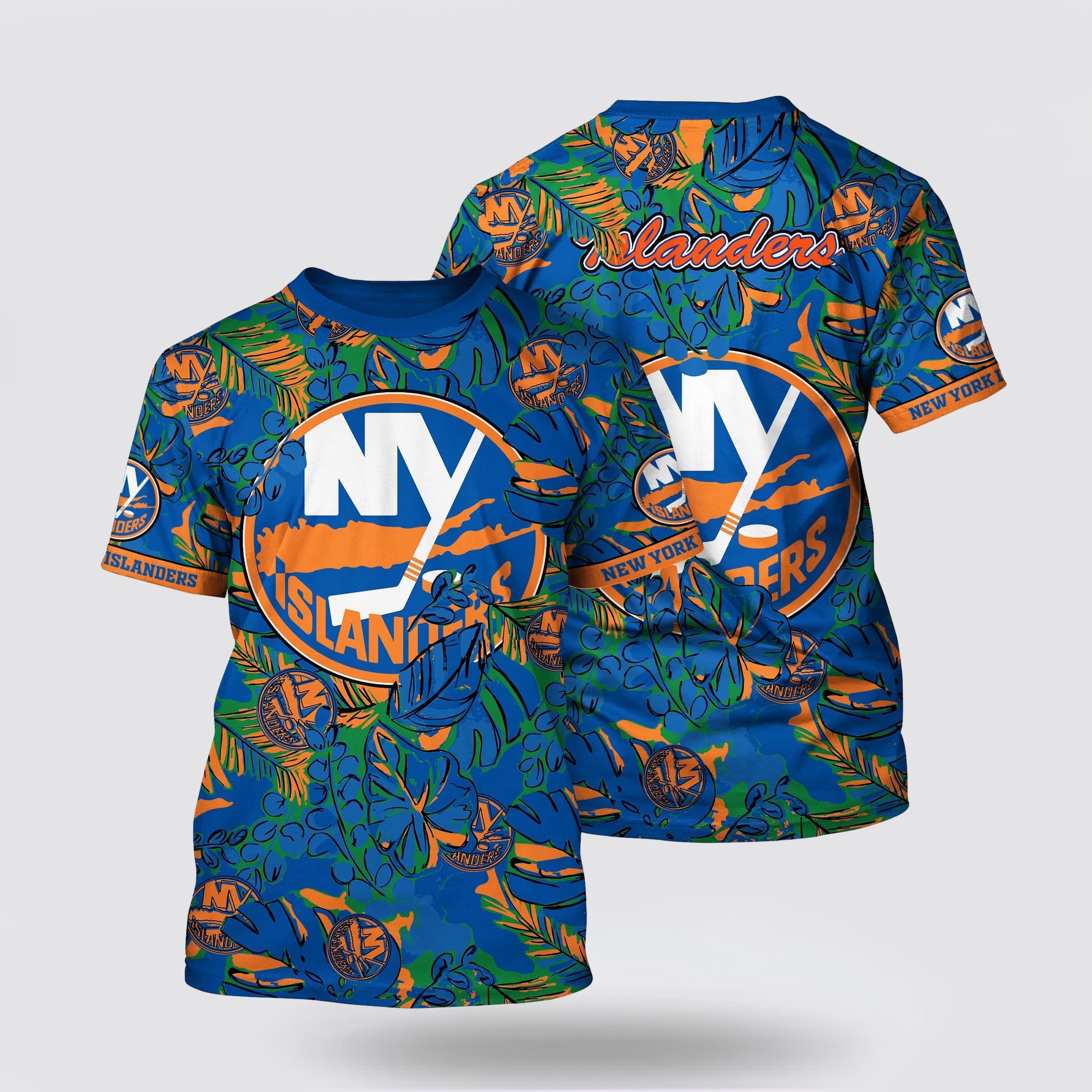 NHL New York Islanders All Over Print T Shirt Tropical Leaf Pattern Summer T Shirt NHL New York Islanders All Over Print T Shirt Tropical Leaf Pattern Summer T Shirt