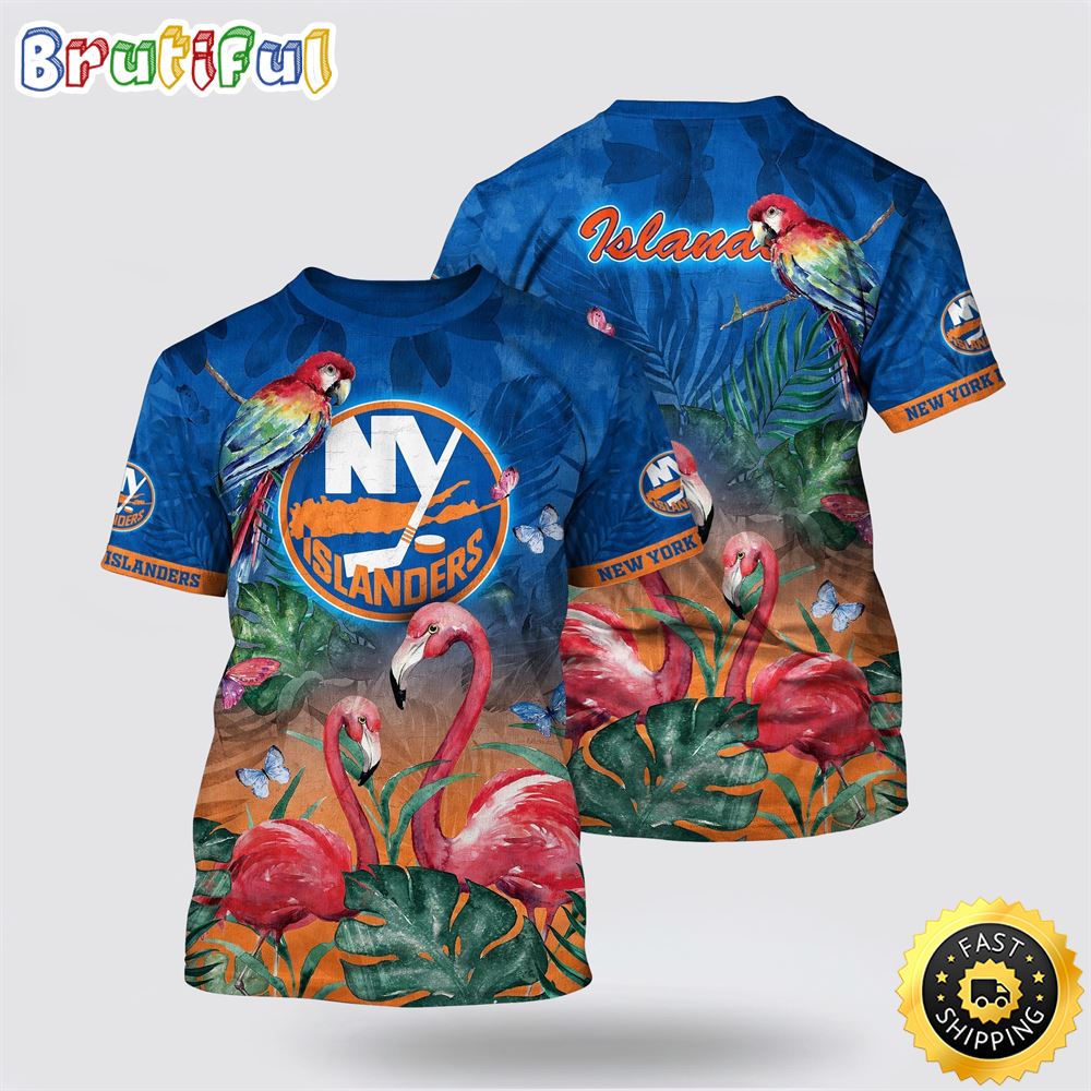 NHL New York Islanders All Over Print T Shirt Tropical Parrot And Flamingo Motifs Summer T Shirt NHL New York Islanders All Over Print T Shirt Tropical Parrot And Flamingo Motifs Summer T Shirt