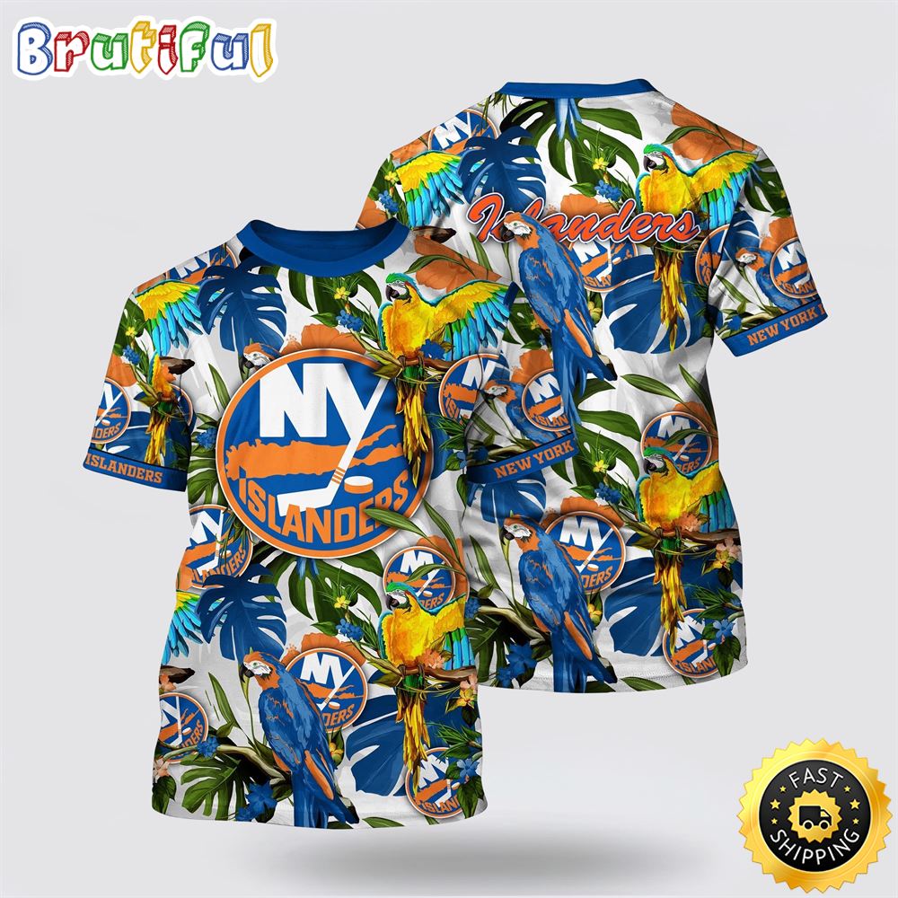 NHL New York Islanders All Over Print T Shirt Tropical Parrot Pattern Summer T Shirt NHL New York Islanders All Over Print T Shirt Tropical Parrot Pattern Summer T Shirt