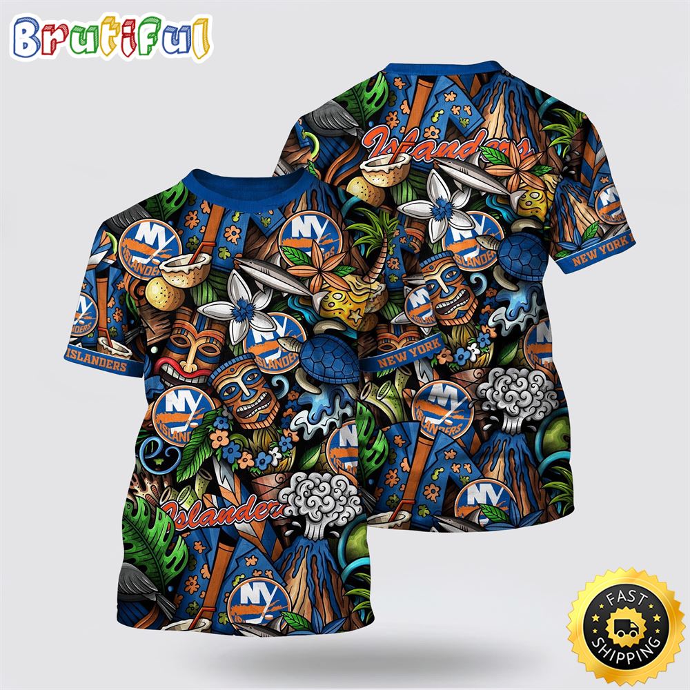 NHL New York Islanders All Over Print T Shirt Tropical Tiki Pattern Summer T Shirt NHL New York Islanders All Over Print T Shirt Tropical Tiki Pattern Summer T Shirt