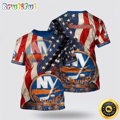 NHL New York Islanders All Over Print T Shirt With American Flag Pattern Summer T Shirt
