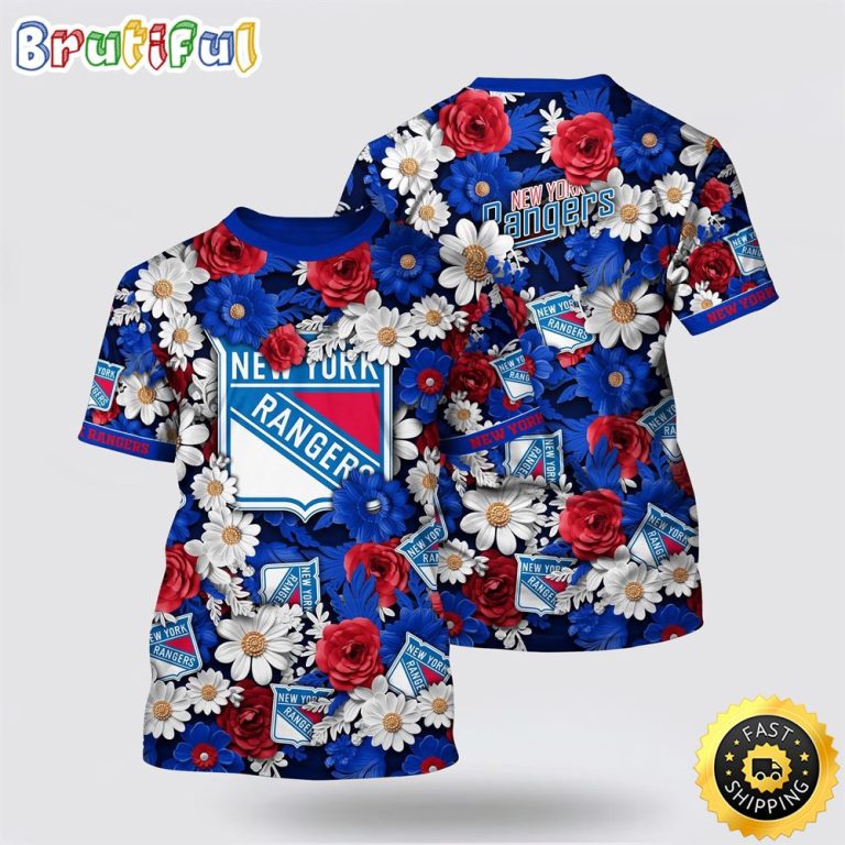 NHL New York Rangers All Over Print T Shirt Tropical Begonia Flower Pattern Summer T Shirt