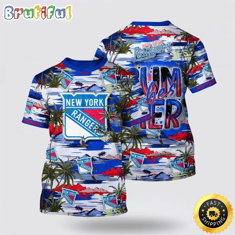 NHL New York Rangers All Over Print T Shirt Tropical Desert Island Motif Summer T Shirt