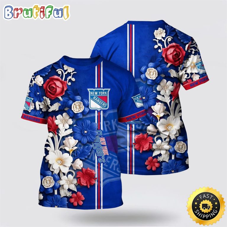 NHL New York Rangers All Over Print T Shirt Tropical Hepatica Floral Pattern Summer T Shirt