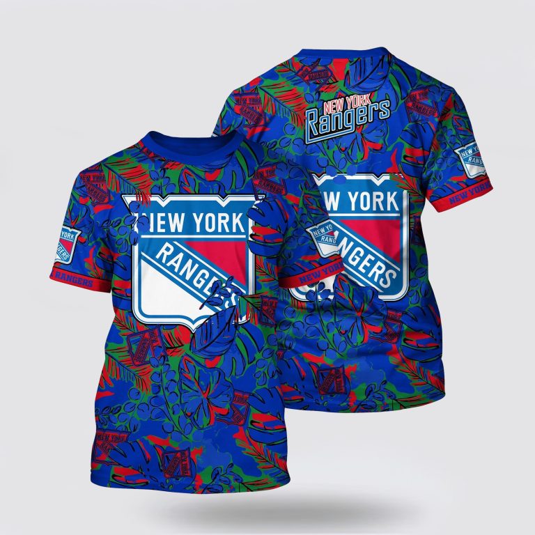 NHL New York Rangers All Over Print T Shirt Tropical Leaf Pattern Summer T Shirt
