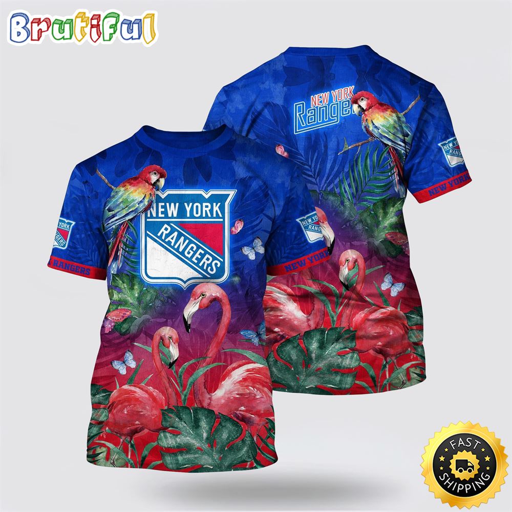 NHL New York Rangers All Over Print T Shirt Tropical Parrot And Flamingo Motifs Summer T Shirt