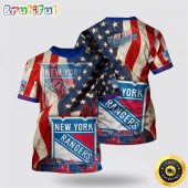 NHL New York Rangers All Over Print T Shirt With American Flag Pattern Summer T Shirt