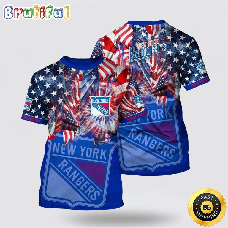 NHL New York Rangers All Over Print T Shirt With American Independence Day Pattern Summer T Shirt