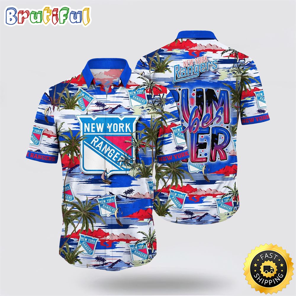 NHL New York Rangers Hawaiian Shirt Tropical Desert Island Motif Summer Hawaiian Shirt