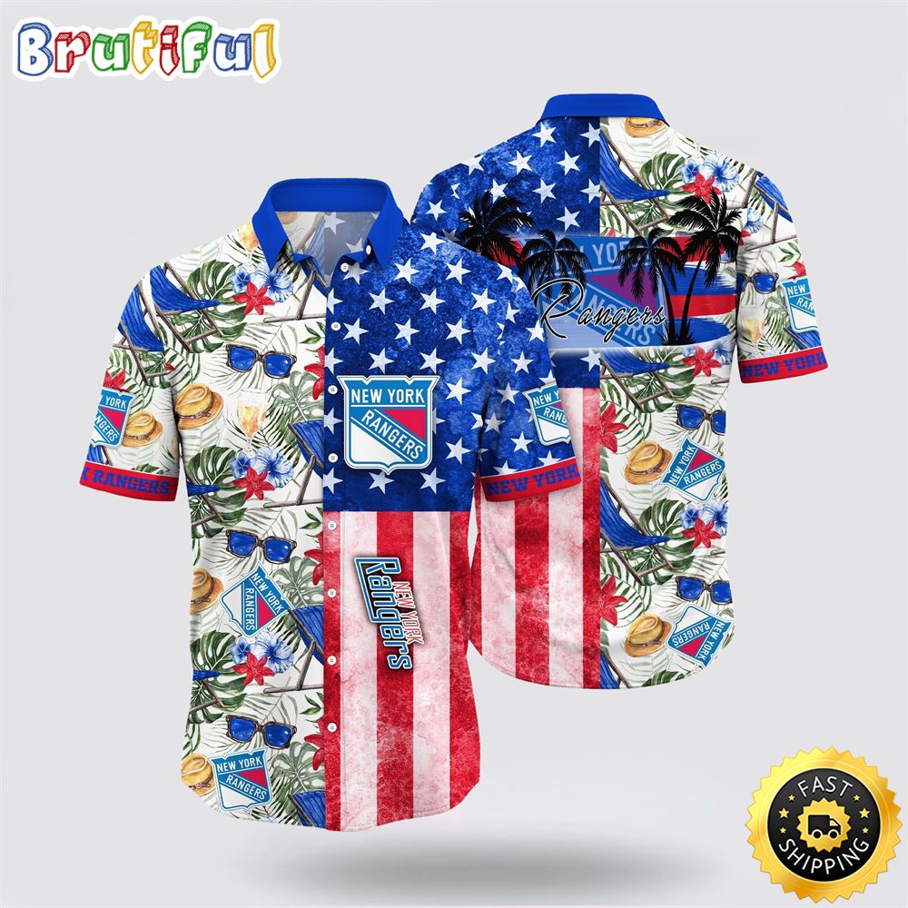 NHL New York Rangers Hawaiian Shirt Tropical Hat And Glasses Pattern Summer Hawaiian Shirt