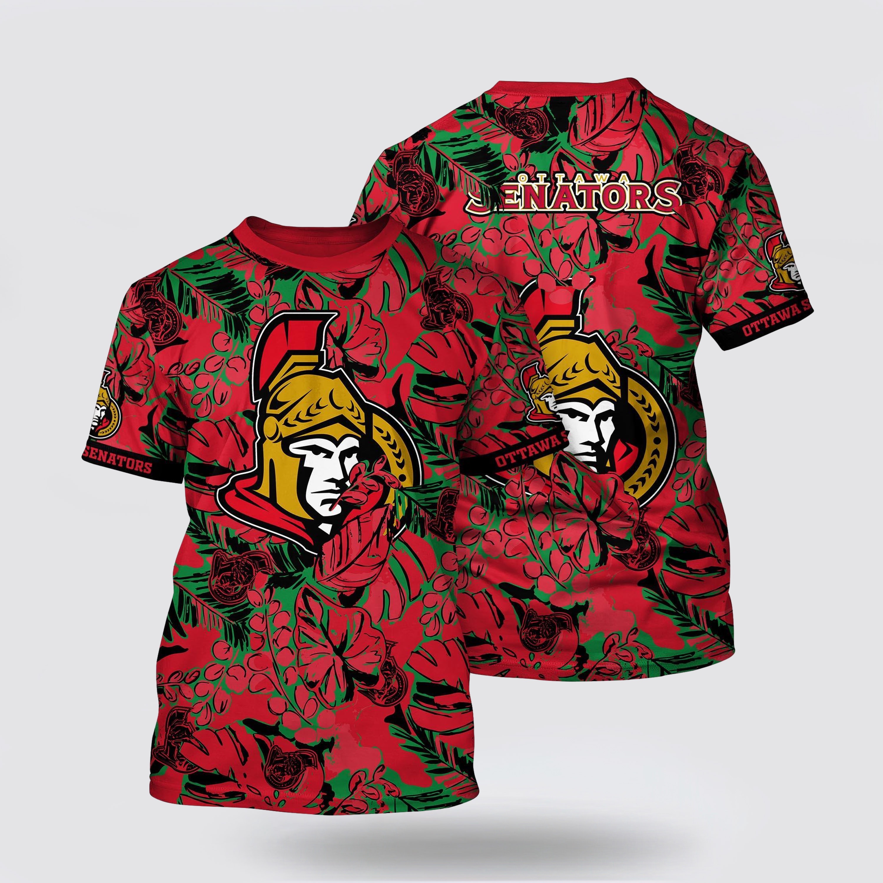 NHL Ottawa Senators All Over Print T Shirt Tropical Leaf Pattern Summer T Shirt NHL Ottawa Senators All Over Print T Shirt Tropical Leaf Pattern Summer T Shirt