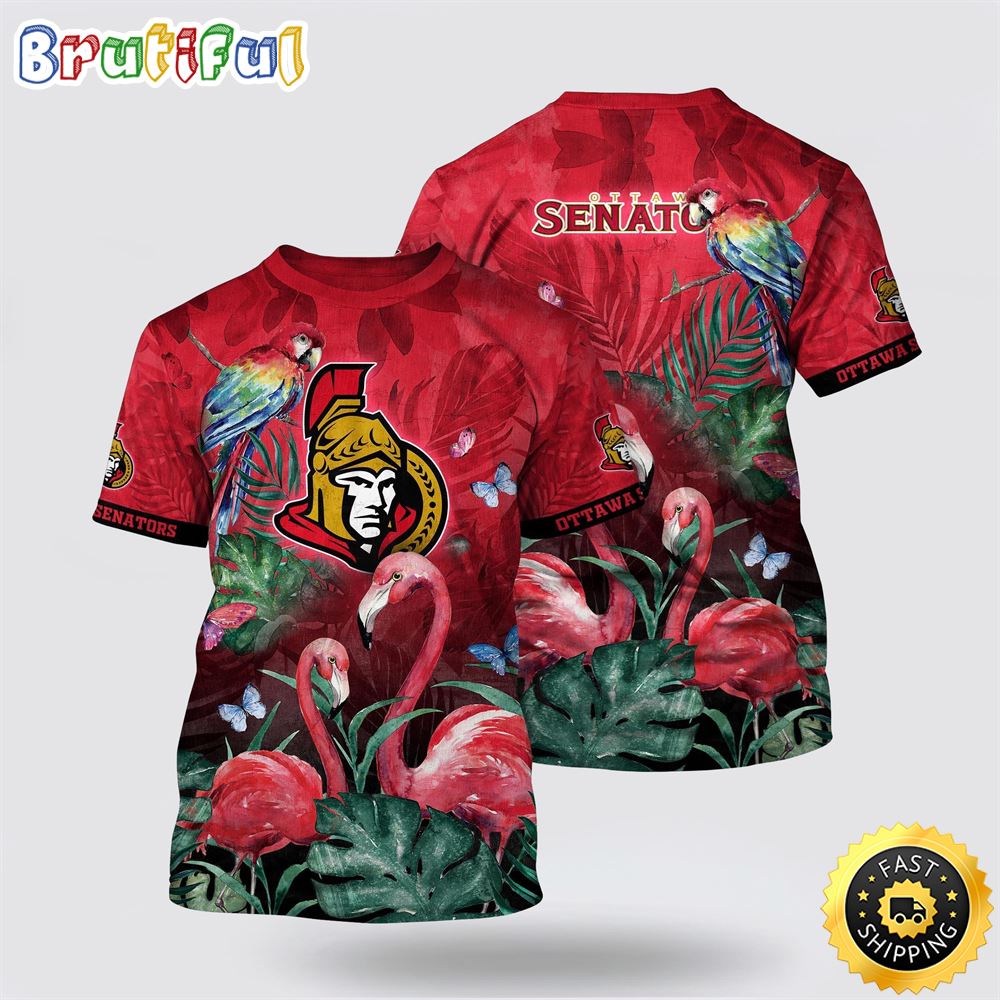 NHL Ottawa Senators All Over Print T Shirt Tropical Parrot And Flamingo Motifs Summer T Shirt NHL Ottawa Senators All Over Print T Shirt Tropical Parrot And Flamingo Motifs Summer T Shirt