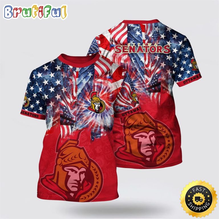 NHL Ottawa Senators All Over Print T Shirt With American Independence Day Pattern Summer T Shirt